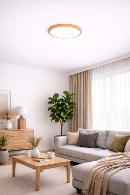 Moderné okrúhle LED svietidlo s rámom  si svetlého dreva vhodné do obývačky alebo chodby