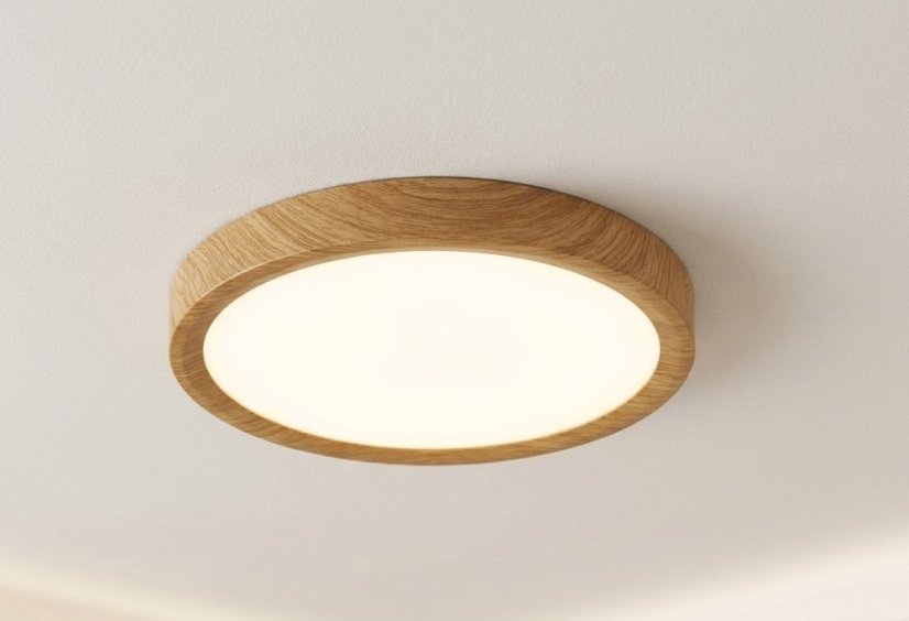 Moderné okrúhle LED svietidlo s dreveným rámom vhodné do obývačky alebo chodby