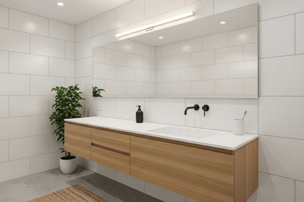 Osvetlenie zrkadla nad umývadlom v kúpelni.